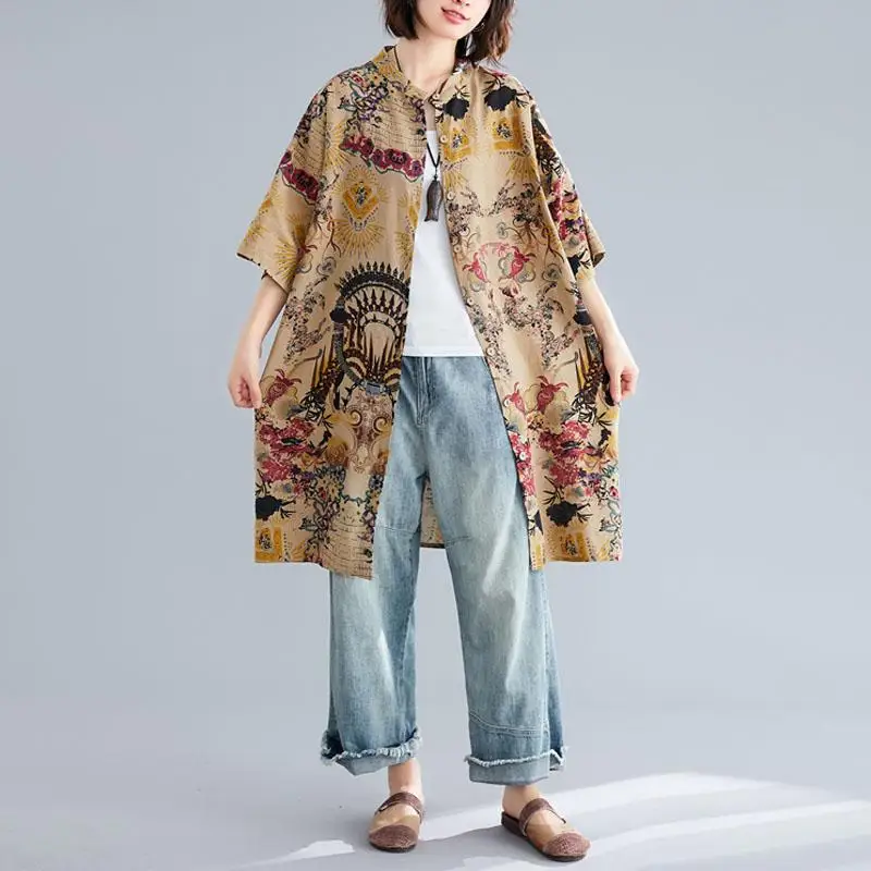 Plus Size Cotton Linen Long Blouse Shirt Dress Women Summer Spring New Vintage Print Female Shirts Kimono Cardigan 6XL 7XL | Женская