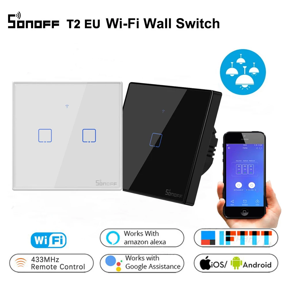 Sonoff T2 ЕС WiFi переключатель ЕС панель 433 МГц сенсорный/RF/APP/WiFi/беспроводной дистанционный светильник умный дом работает с Alexa Google
