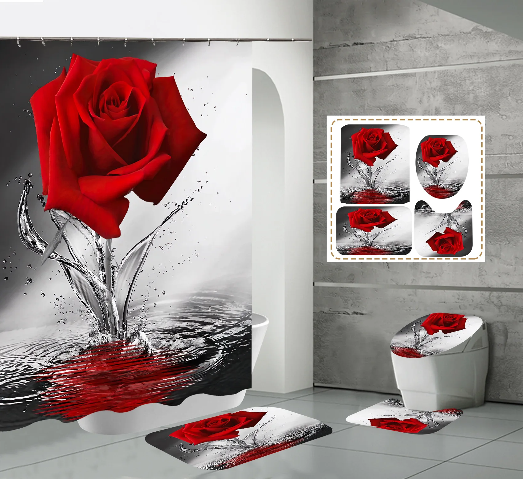 

Blue Red Pink Rose Print Shower Curtain with Hooks, Bathroom Mat Set Anti-slip Soft Bath Carpet Lover Valentines Home Decoration
