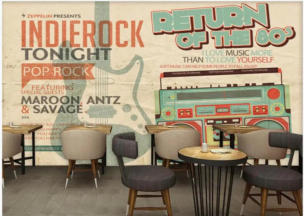 Пользовательские росписи на стене 3d обои ретро рисованная радио бар кофе магазин