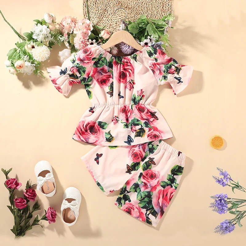 

2021 Summer Girl Pullover Shorts European and American Flower Kids Two-piece Suit Simple Small Print and Children's Sets GT24