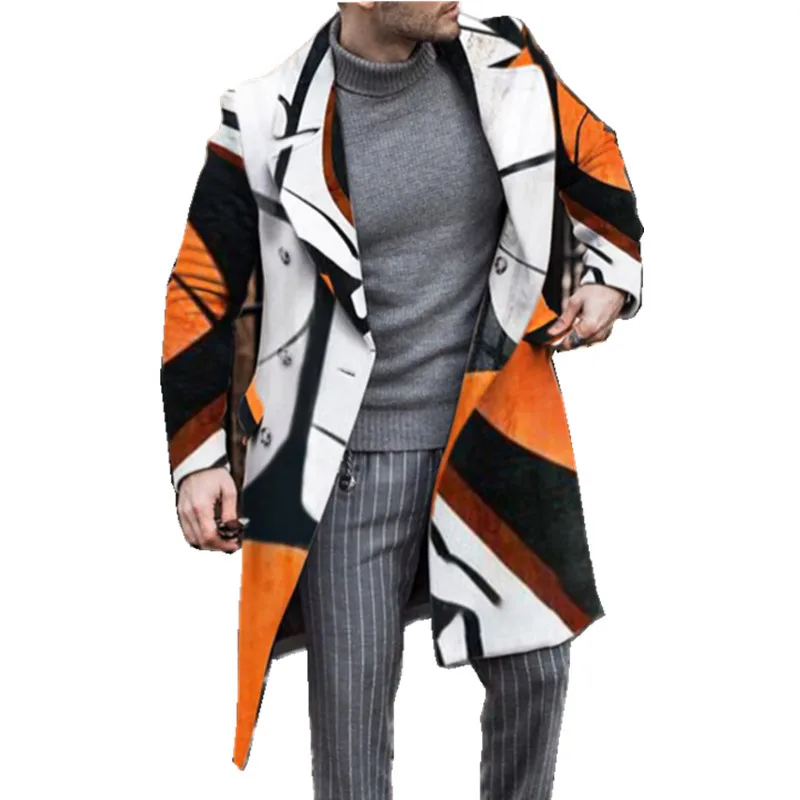 

Fashion Print Double-breasted Woolen Outerwear Autumn Winter Long Sleeve Mens Overcoat Casual Turn-down Collar Long Jackets Coat