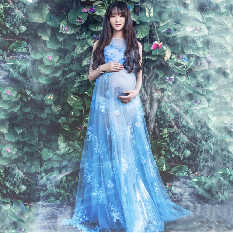 Кружевное платье с вышивкой для беременных фотосессии длинное фатиновое