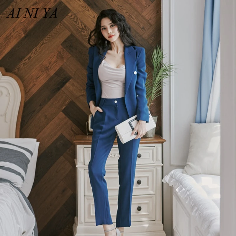 

Women's suit women's business casual business wear ladies two-piece suit double-breasted blazer+ trousers брючный костюм женский