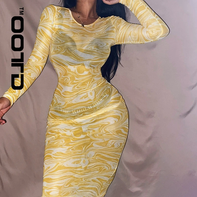 

OOTD High Waist Sexy Mesh Bodycon Dress Long Sleeve Print Club Party Dresses Slim O Neck Transparent Vestidos Elegant Dress