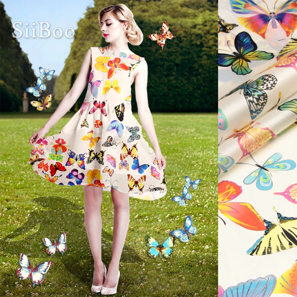 

Russian hot sale colorful butterfly printed 100% natural silk organza fabric for spring summer dress pants tissu stoffen SP5975