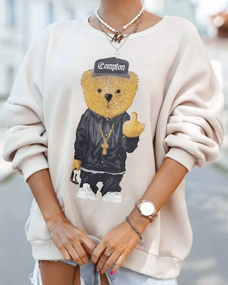 

Свитшот женский с длинным рукавом и мультяшным принтом, осень 2021, повседневный Свободный пуловер с длинным рукавом в стиле Харадзюку