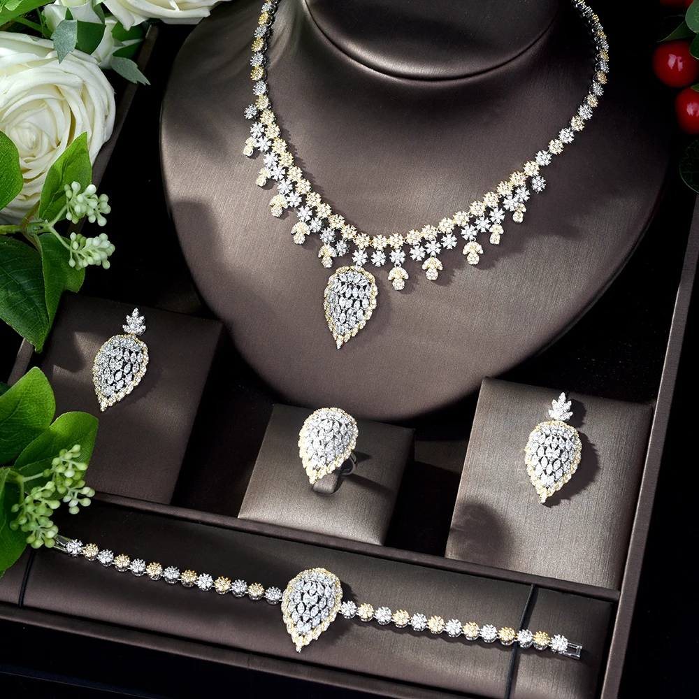 Свадебный комплект ювелирных изделий HIBRIDE, серьги и ожерелье с кубическим цирконием, подарок для вечерние, N-1109