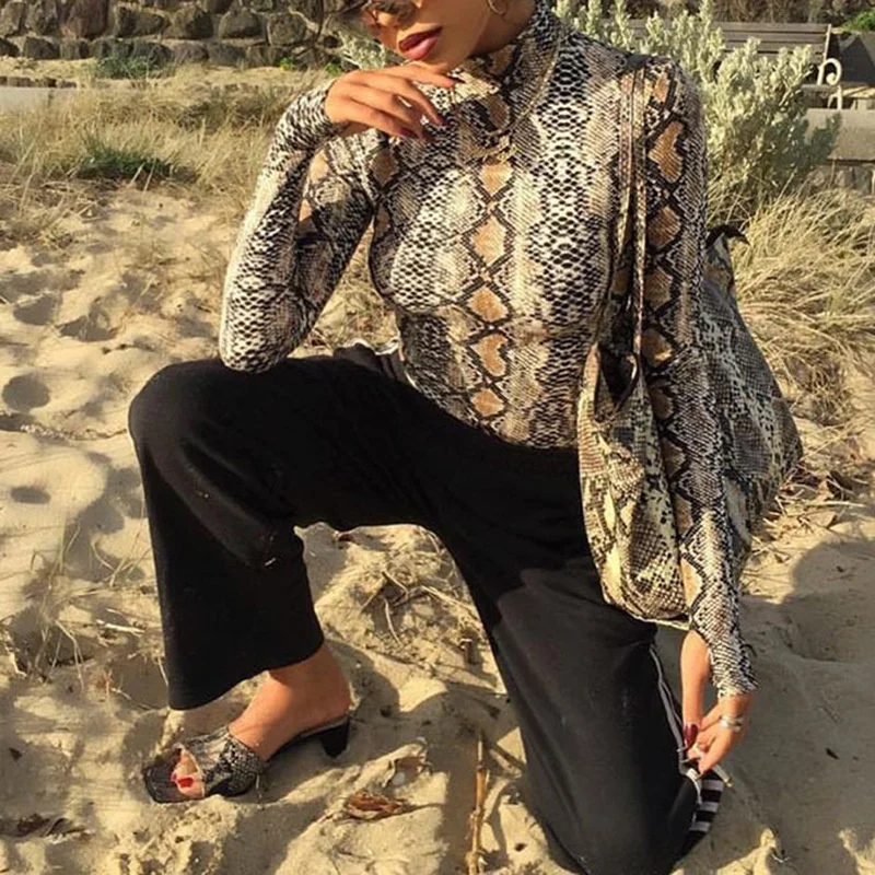 

Женское боди со змеиным принтом, повседневное облегающее боди с длинным рукавом и высоким воротником, весна-осень 2021