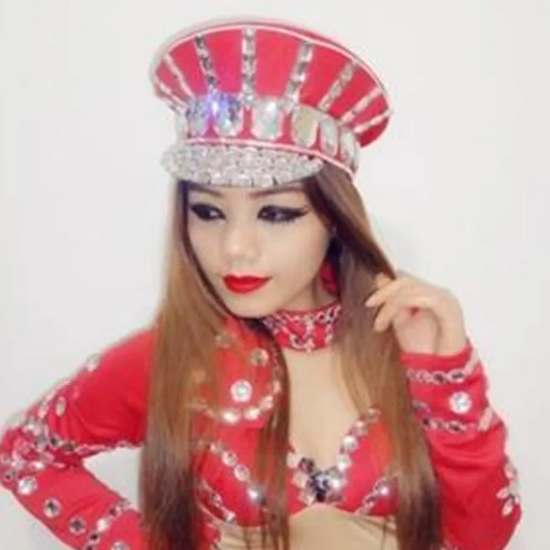 Ds Costume Bling Детские шапки блестящая Алмазная полицейская шапка стразы красная