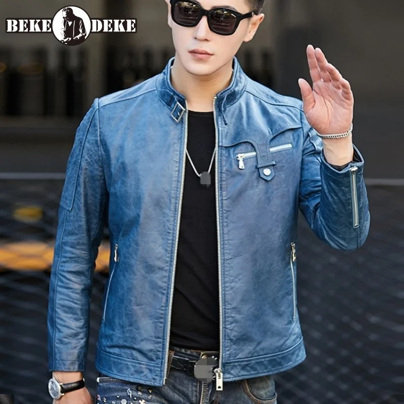 

Luxury Real Leather Jacket Men Fashion Biker Slim Zip Black Jacket Coat Streetwear Motorcycle Stand Collar Outerwear Plus Size