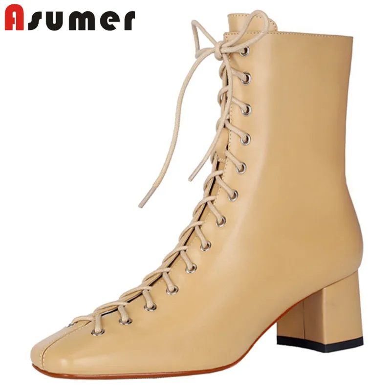 

Asumer 2021 hot sale high heel dress shoes woman genuine leather boots square toe cross tied zip autumn winter ankle boots women