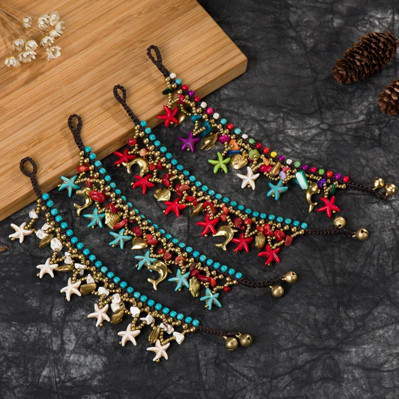 

Bohemian Ethnic Style Semi-precious Stone Starfish Woman Bracelet Wax Rope Hand-woven Beach Style Creative Female Bangle Jewelry