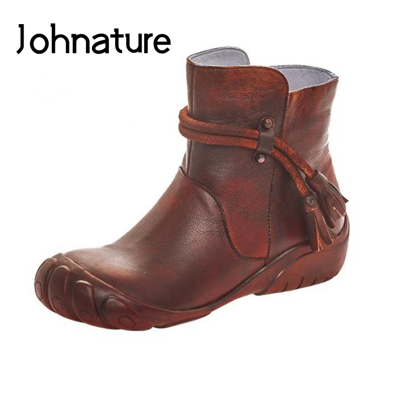 

Женские ботильоны из натуральной кожи Johnature, ботильоны на платформе в стиле ретро, с круглым носком, на молнии, с бахромой, для отдыха, осень ...
