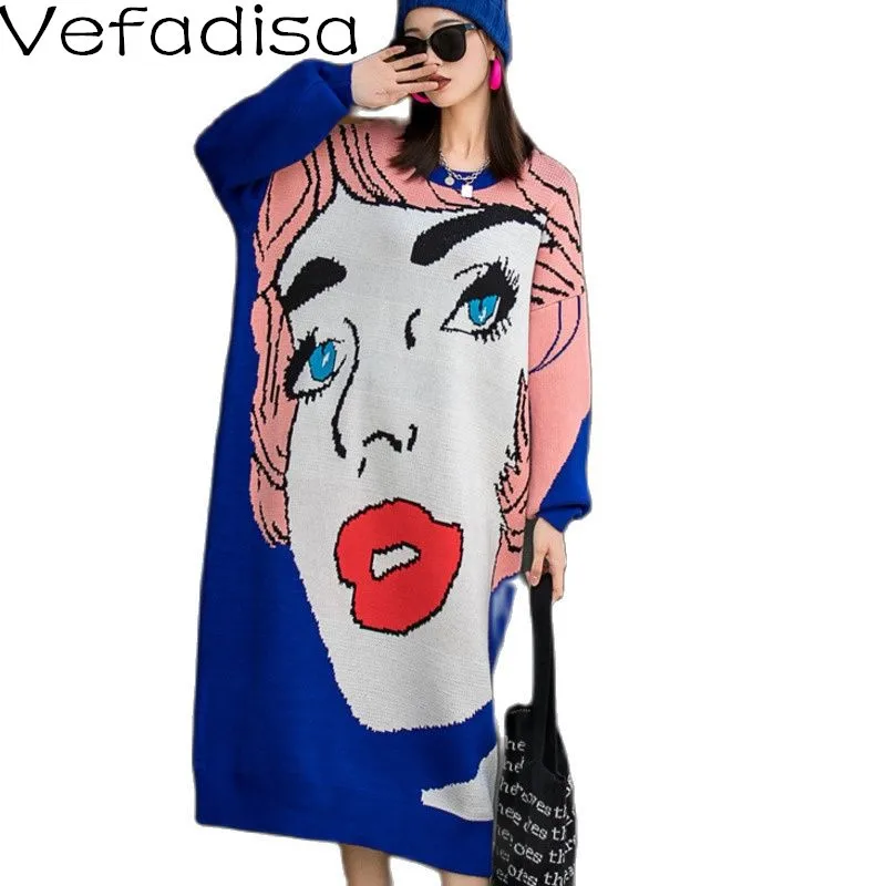 Vefadisa Spring Fashion Character Print Sweater Dress Women 2022 Long Sleeve Pullover Female Knitted QYF6221 | Женская одежда