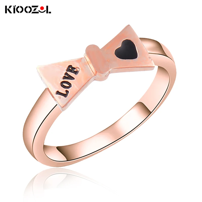 

KIOOZOL Lovely Bowknot Black Heart and LOVE Word Rose Color Stainless Steel Ring Couple Fashion Ring 123 KO2