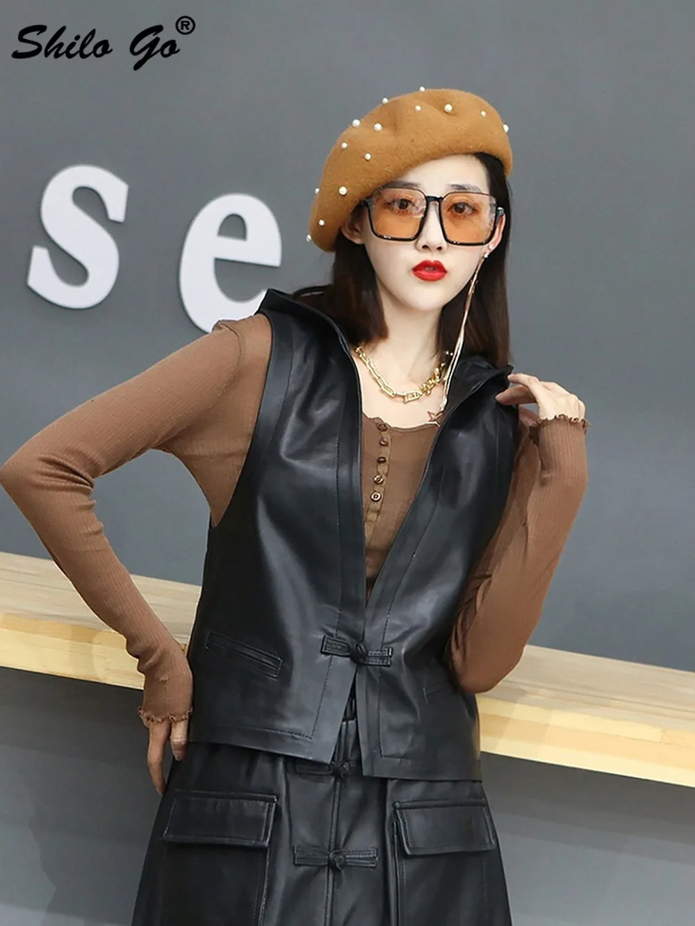 

Safari Style V Neck Single Button Sleeveless Coat Women Winter Casual Concise Genuine Leather Vests Casual Sheepskin Outwear