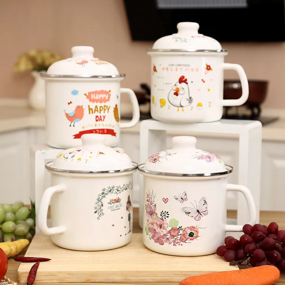 Большая кружка эмалированная миска для еды лапши быстрого приготовления милая