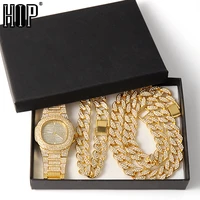 gold necklace watchbracelet hip hop miami curb cuban chain gold iced out paved rhinestones cz bling for men jewelry