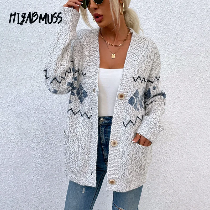 

Autumn And Winter New Products 2021 Women Christmas Snowflake Sweater Single-breasted Pocket V-neck Sweater Top Women's