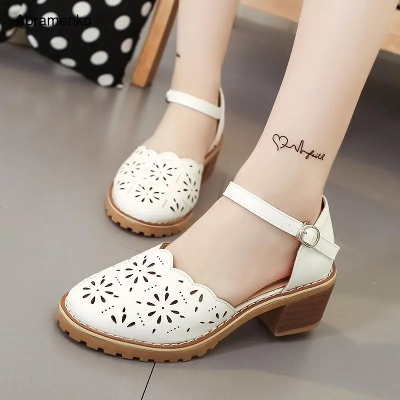 

Hollow-Carved Women Sandals 2018 Summer Style Retro Platform White Sandals Comfortable High Hoof Thick Heels Shoes Plus Size 9