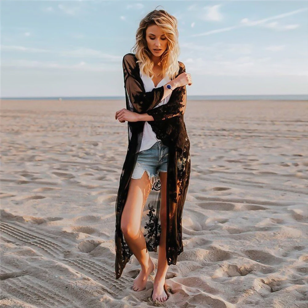 

Women's Swimsuit Cover Ups Lace Floral Crochet Beachwear Long Kimono Cardigan