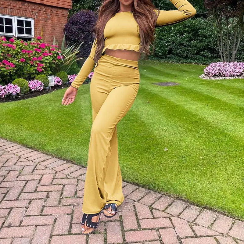 2 шт. с оборками для худого телосложения длинным рукавом Женские комплекты Топы +