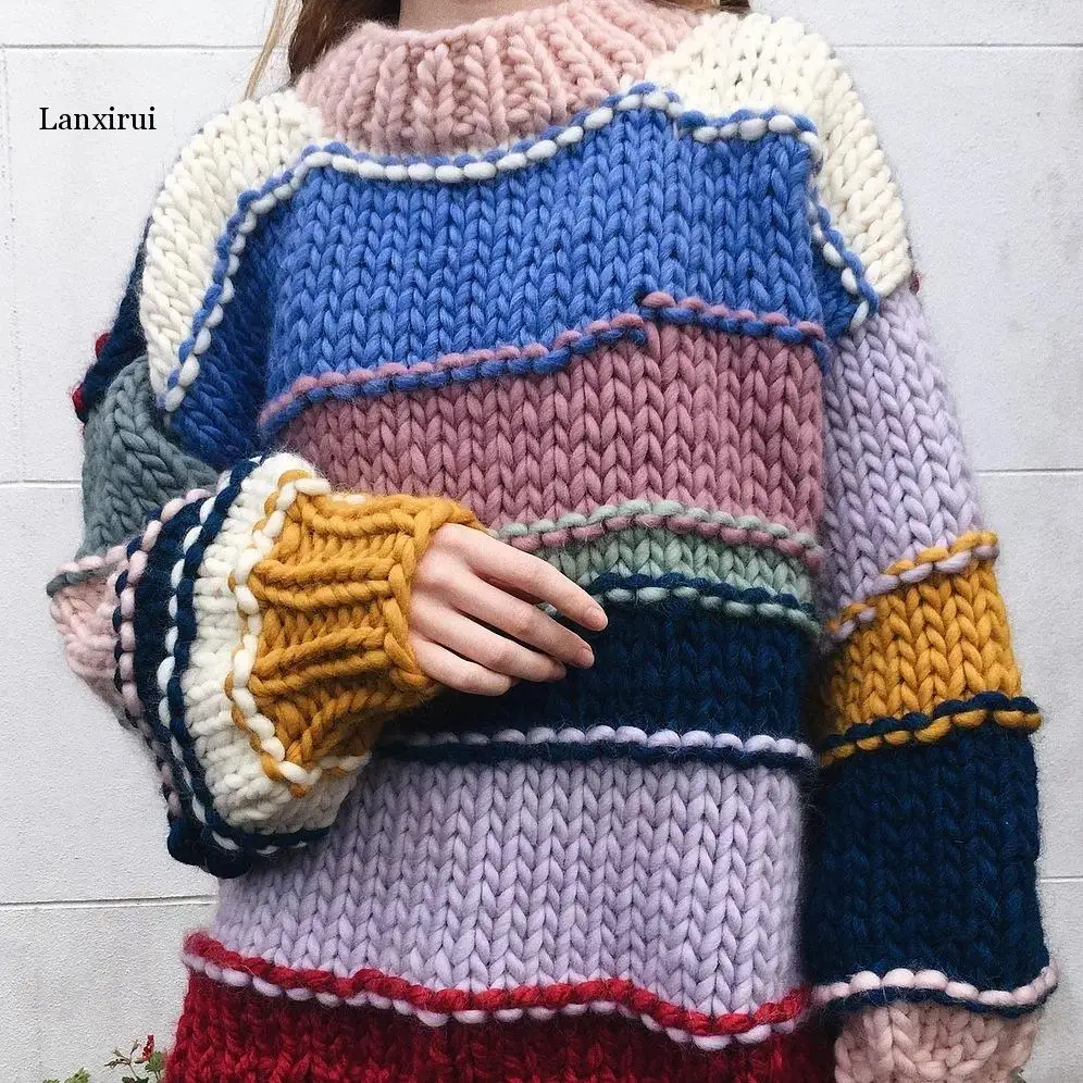 

Sweet Rainbow striped Sweater Women Fashion O-Neck Loose Pullovers Cute Girls Contrast Colors Chic Jumpers