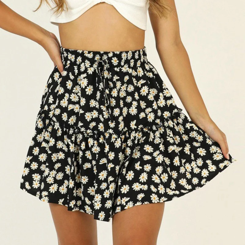 

Summer Women's Floral Short Skirt Small Daisy Print Pleated Skirt Cute Sweet Short Skirt Black S Size