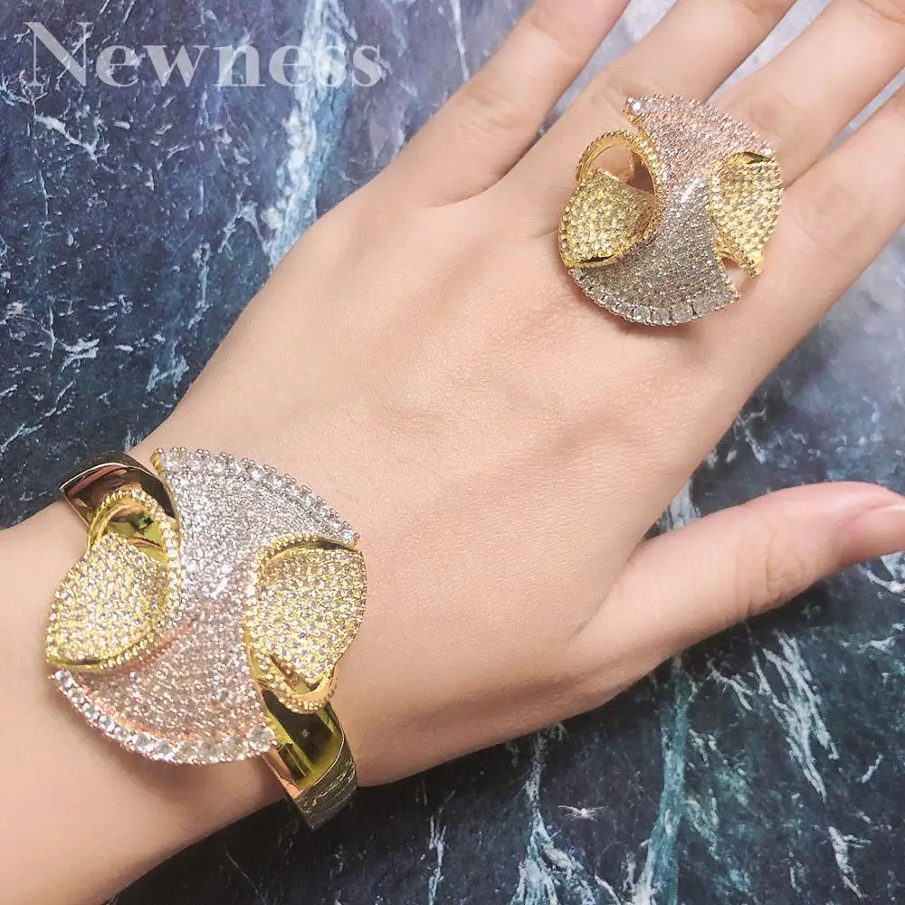 

Newness New Trendy 3 Tone Geometry Luxury Cubic Zirconia Chic Bangle Ring Sets For Women Wedding Dubai Bridal Jewelry Sets