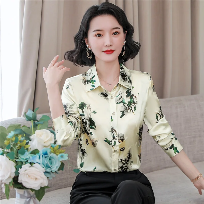 

Chiffon Print Women's Blouse Loose Polo Silk Girl's Shirt Spring Autumn Casual Fashion Long Sleeve Top Lady Blusas Houthion