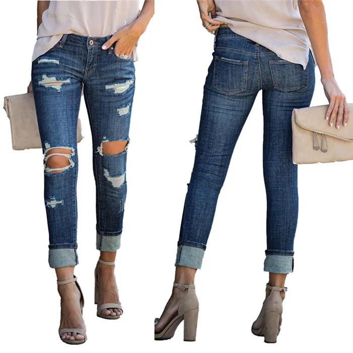 

Women Hole Ripped Jeans Woman Denim Pants Pleated Blue Vintage Straight Jeans For Girl Casual Skinny Trousers Female Slim Jeans