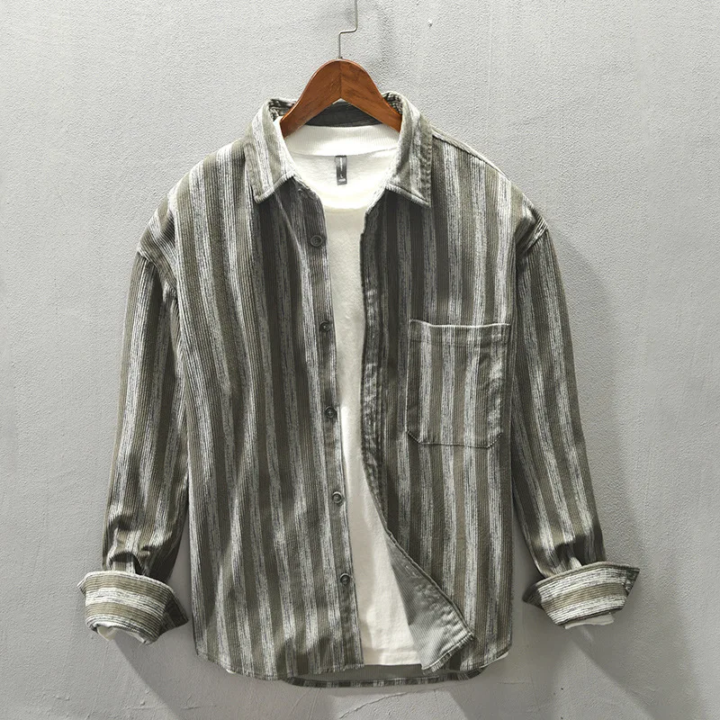 

Z167 Autumn Winter New Vintage Striped Shirt Corduroy Coats Men Business Casual All-Match Streetwear Handsome Boyfriend Jackets