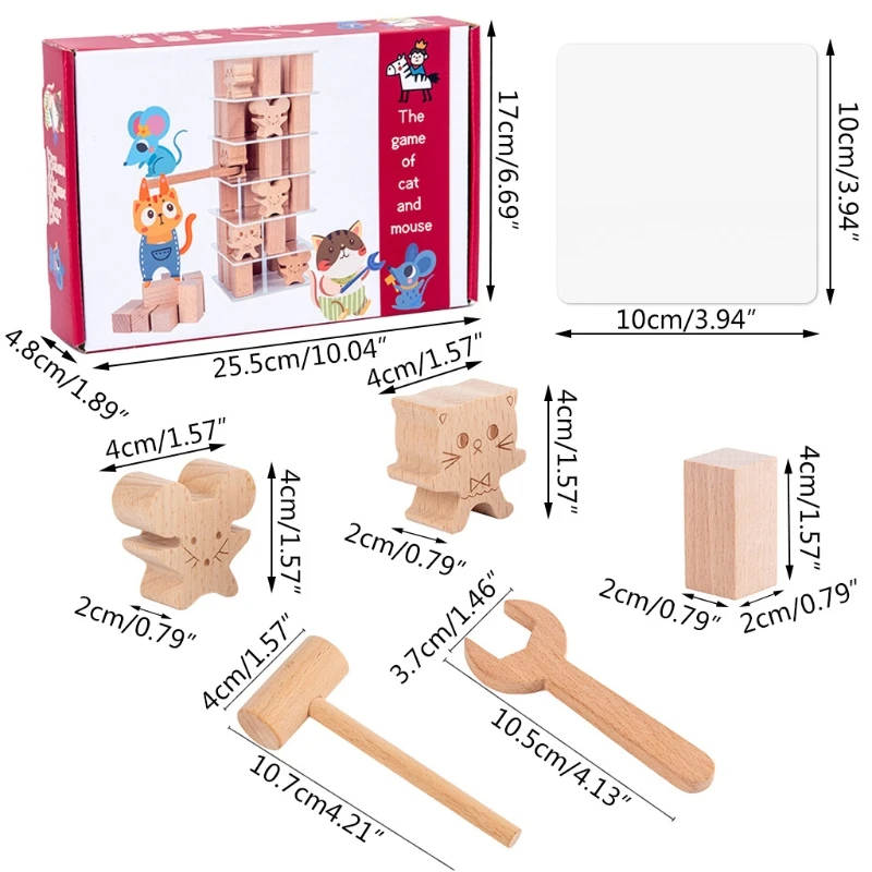 

Wooden Cat Mouse Game Toy Sensory Stacking Block Tower Balance for Kids Adults