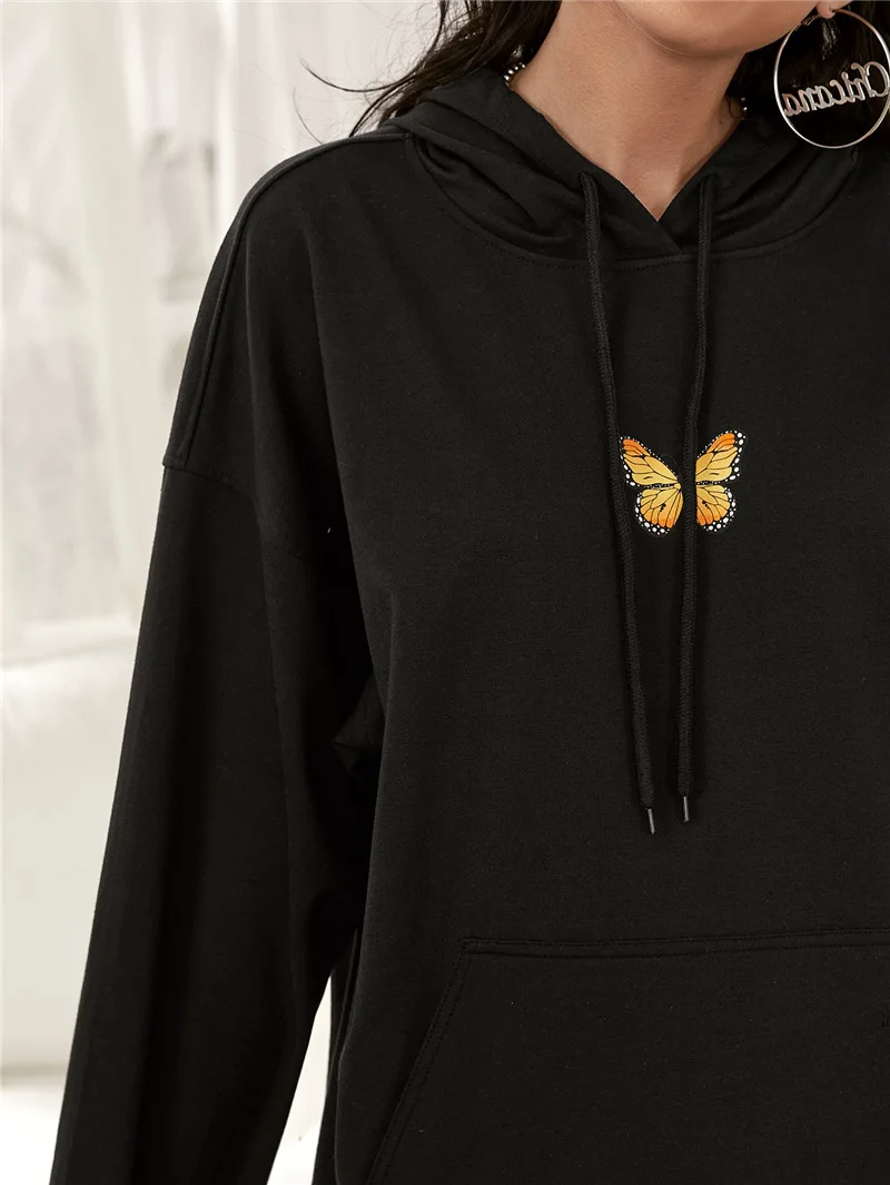 

Fashion Autumn Women Butterfly Embroidery Sweatshirt Casual Long Sleeve Front Pocket Drawstring Hoodie Streetwear Sweatshirt