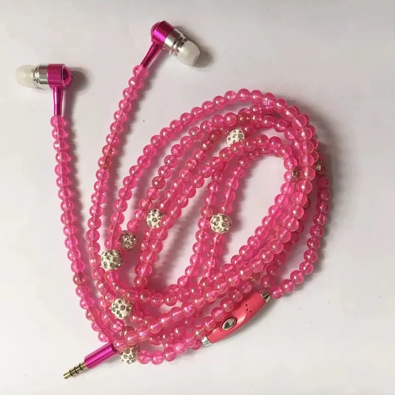 Rose red Жемчужное ожерелье с наушниками в уши розовое ожерелье со стразами ювелирные изделия бусы наушники с микрофоном для samsung Xiaomi Brithday подарки для девочек - Цвет: Rose red