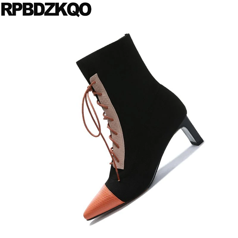 Ботильоны женские на шнуровке спереди с острым носком высоком каблуке|Женские