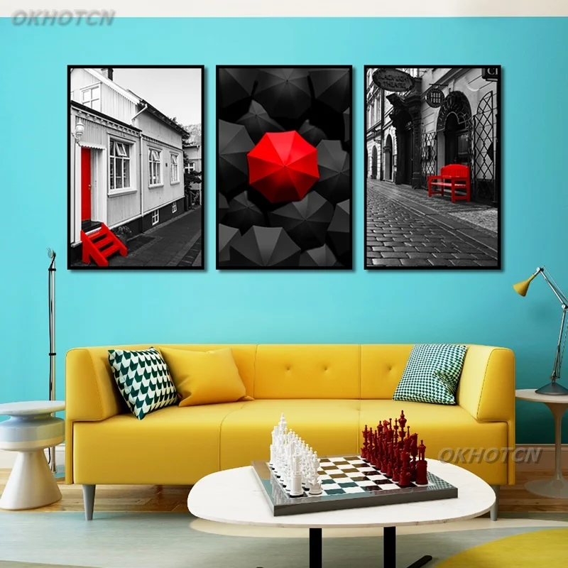 Настенные художественные картины холст живопись черный и белый красный зонт