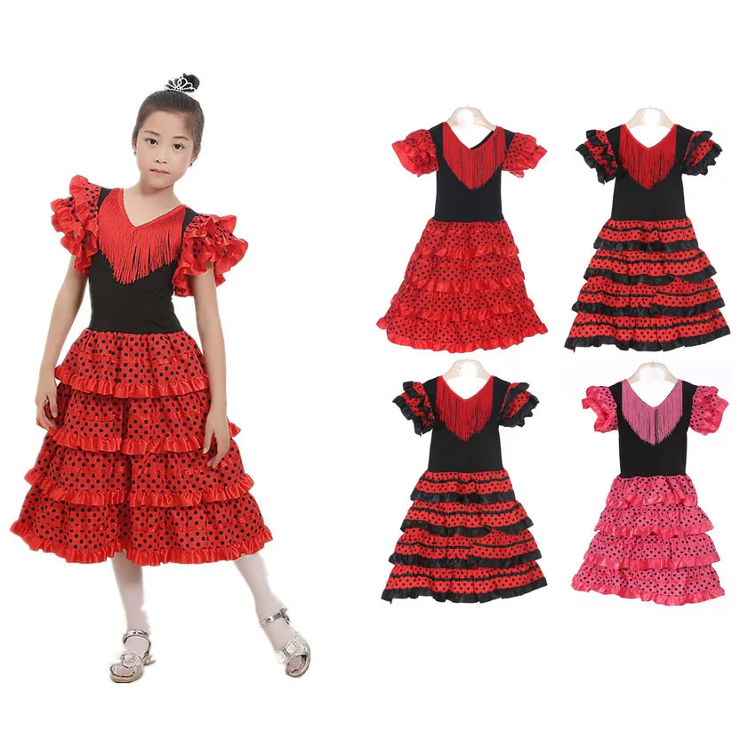 

Traditional Spanish Flamenco Dance Dress for Girls Baby Classic Flamengo Gypsy Style Skirt Bullfight Festival Ballroom Red