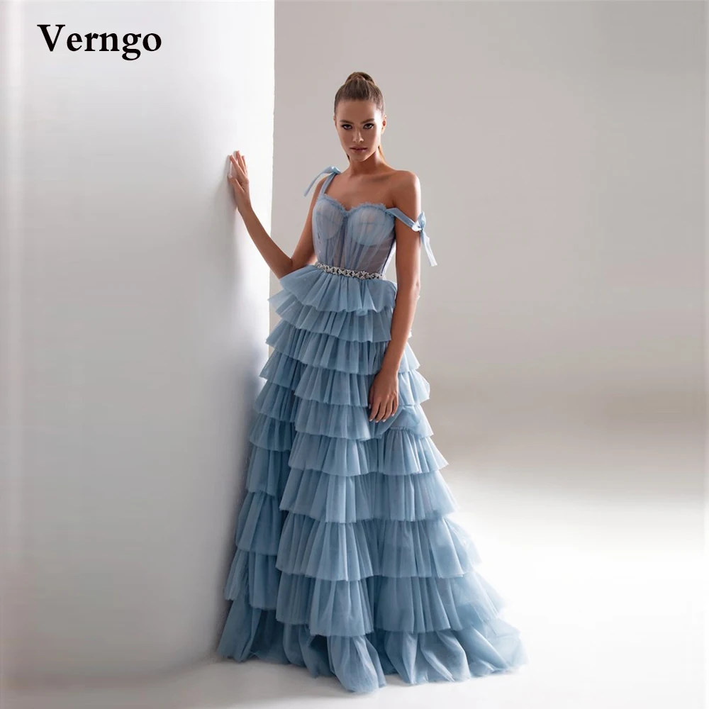 

Verngo Gorgeous Old Blue Ruffles Tiered Skirt Long Evening Dresses Sweetheart Straps Crystal Sash 2021 Prom Gowns Occasion Dress