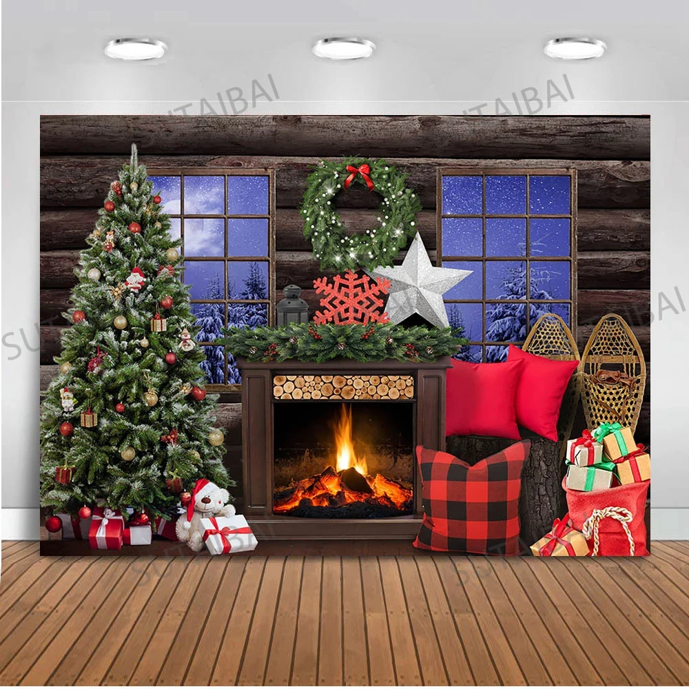 

Retro Wood Board Fireplace Backdrop For Photography Christmas Living Gift House Photo Background Prop Children Kids Portrait