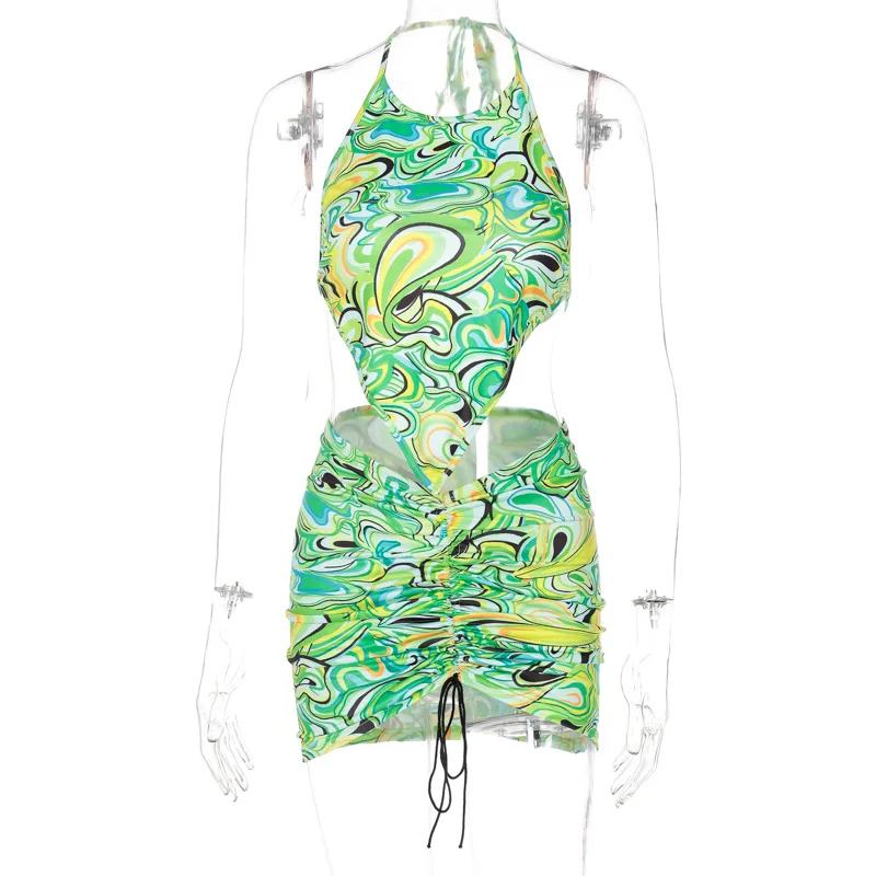 

2021 Summer New Popular Sexy Neck Sleeveless Open Back Vest Fashionable Green Printing Pleated Bag Hip Skirt Suit