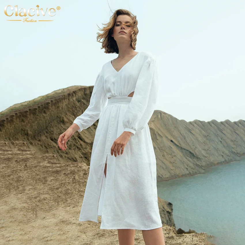

Clacive White High Waist Hollow Out Women Dresses 2021 Autumn V-Neck Long Sleeve Slit Dress Ladies Casual Loose Midi Dress