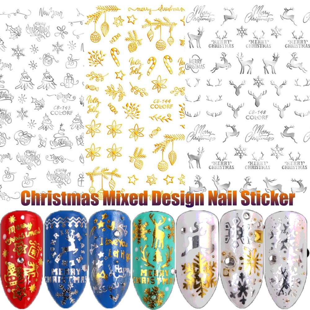 1 лист 3D стикер для ногтей Рождественский Рисунок смешанный олень/снежинка