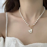 sweet imitation pearl gold color beads choker necklace rhinestone crystal butterfly pendant necklace for women girl jewelry gift