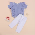 FOCUSNORM от 2 до 7 лет, на лето Модная одежда для мальчиков и девочек, Комплекты одежды в полоску с оборками футболки с коротким рукавом и одноцветными штанами