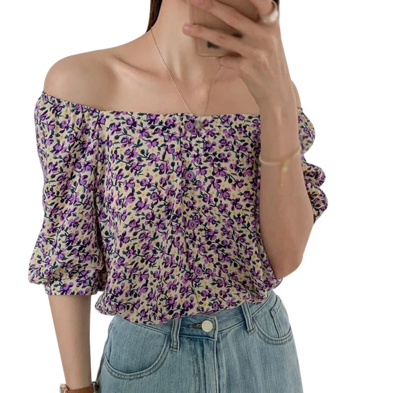 

Women's Retro Top Fashionable One-Line Neck Floral Fashion Cover Belly Chiffon Two-Wear Shirt Two Colors Lantern Sleeve Concise