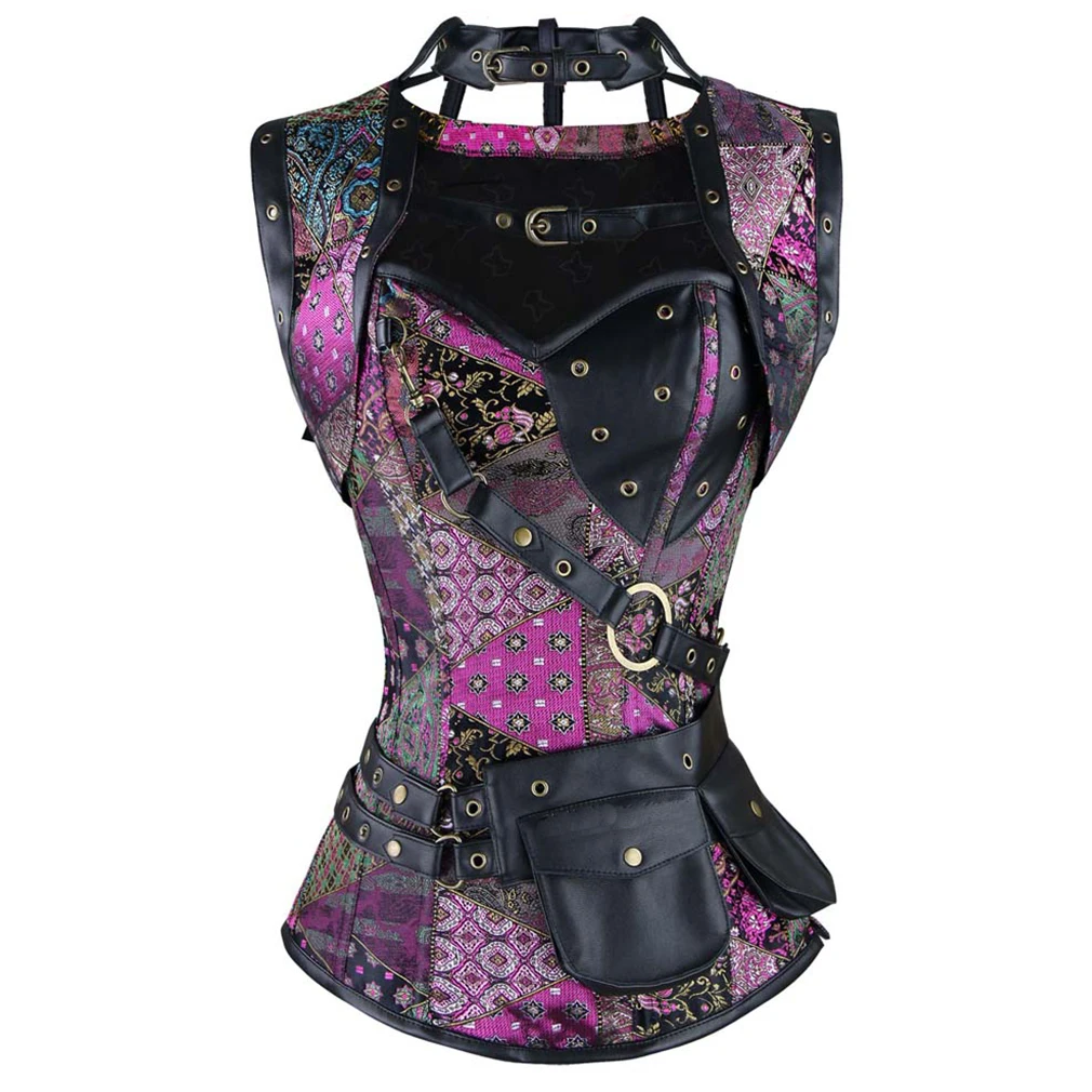 

Big Sale Women's Plus Size Retro Gothic Steampunk Corset Spiral Steel Boned Corset Brocade Bustiers and Corsets with Pouch Belt