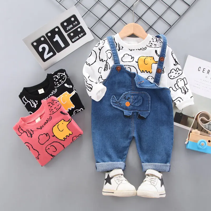 

2021 Fashion Cute Girls Outfits Children Cartoon Elephant Clothing Sets Baby T-shirt Overalls 2Pcs/Set Spring Infants Tracksuits