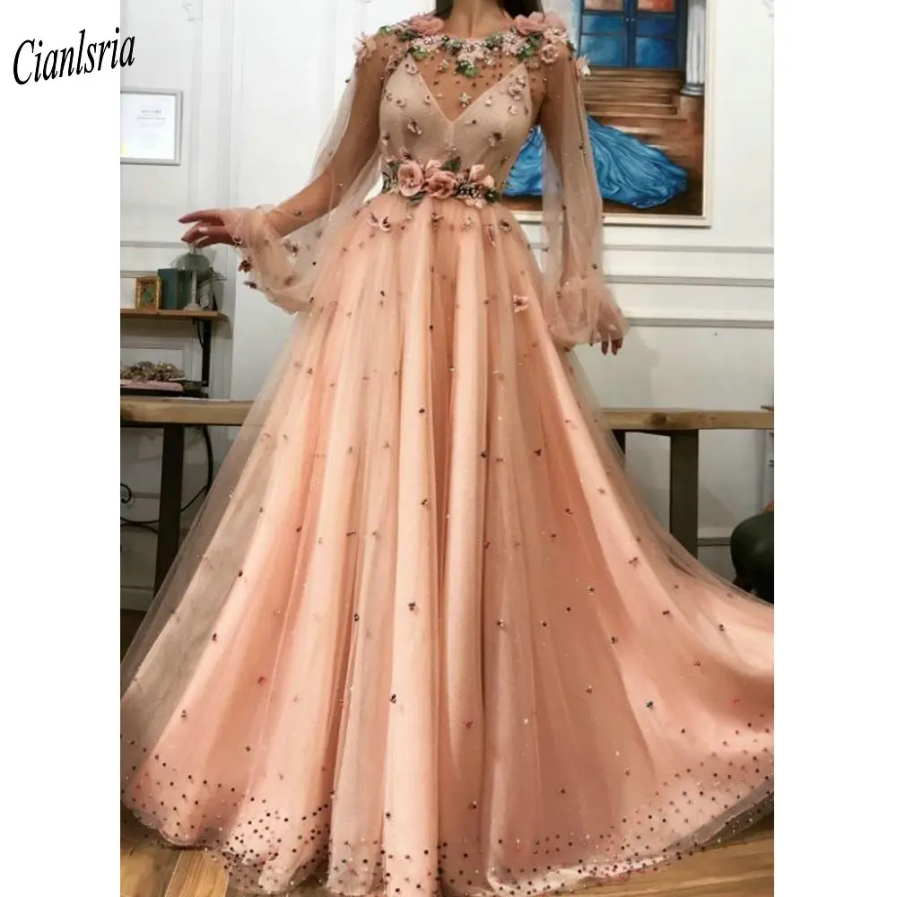

Charming Long Sleeve Handmade Flowers Dubai Arabic A-Line Evening Dresses Illusion Beading Pearls Formal Evening Party Dress